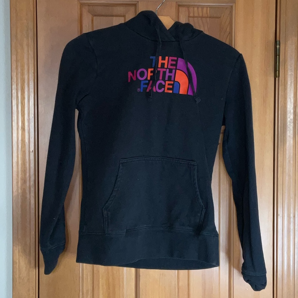 The North Face Black Hoodie with Pink and Orange Logo XS